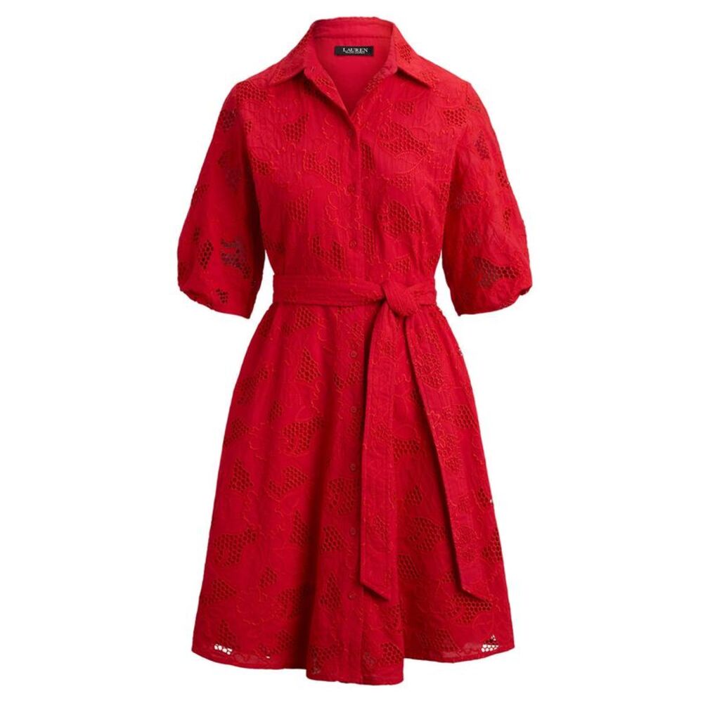 Lauren Ralph Lauren Womens Eyelet Voile Balloon-Sleeve Shirtdress 10 Cruise Red